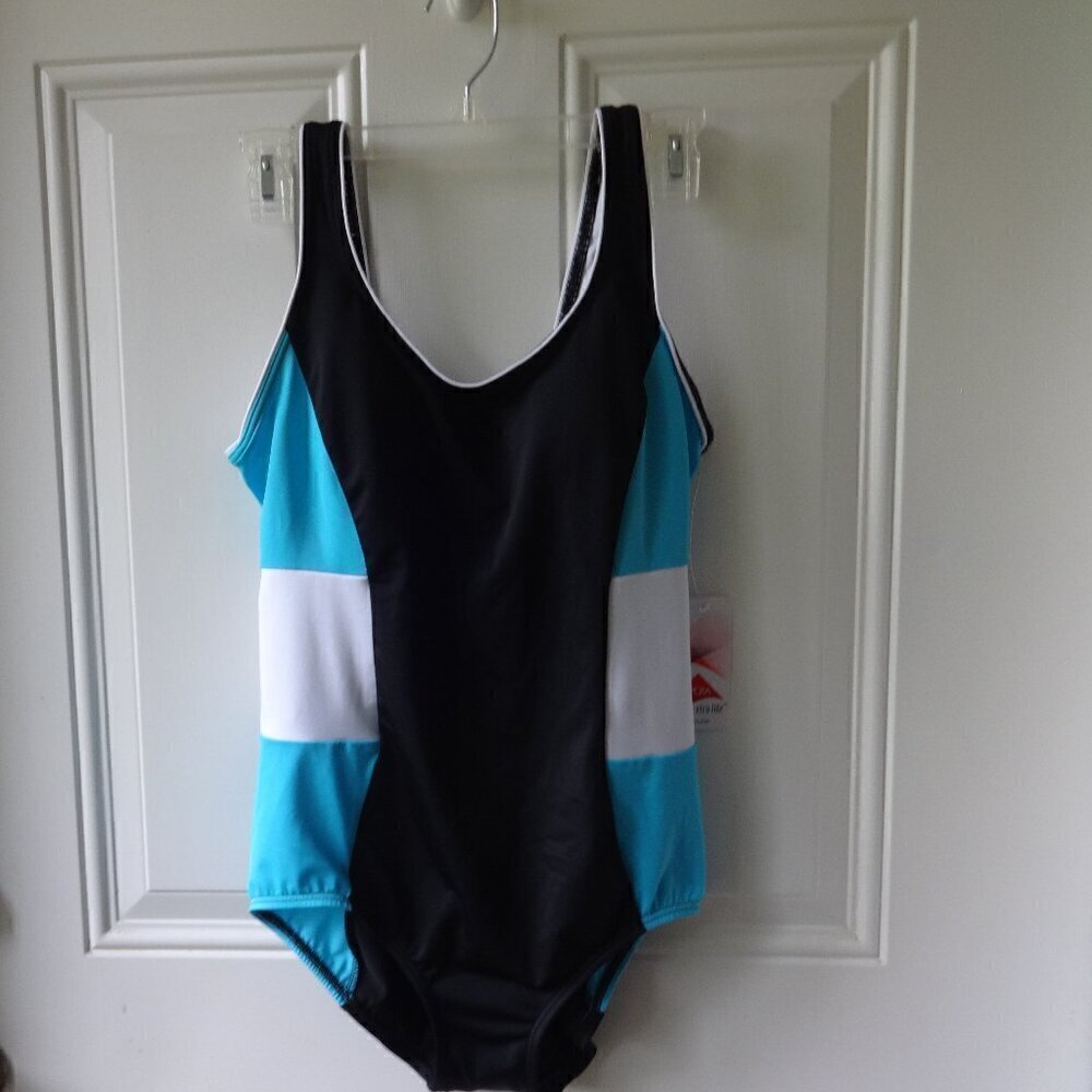 Lands End 1 piece swimsuit size 10 petite, scoop neck, NWT, black, blue, white